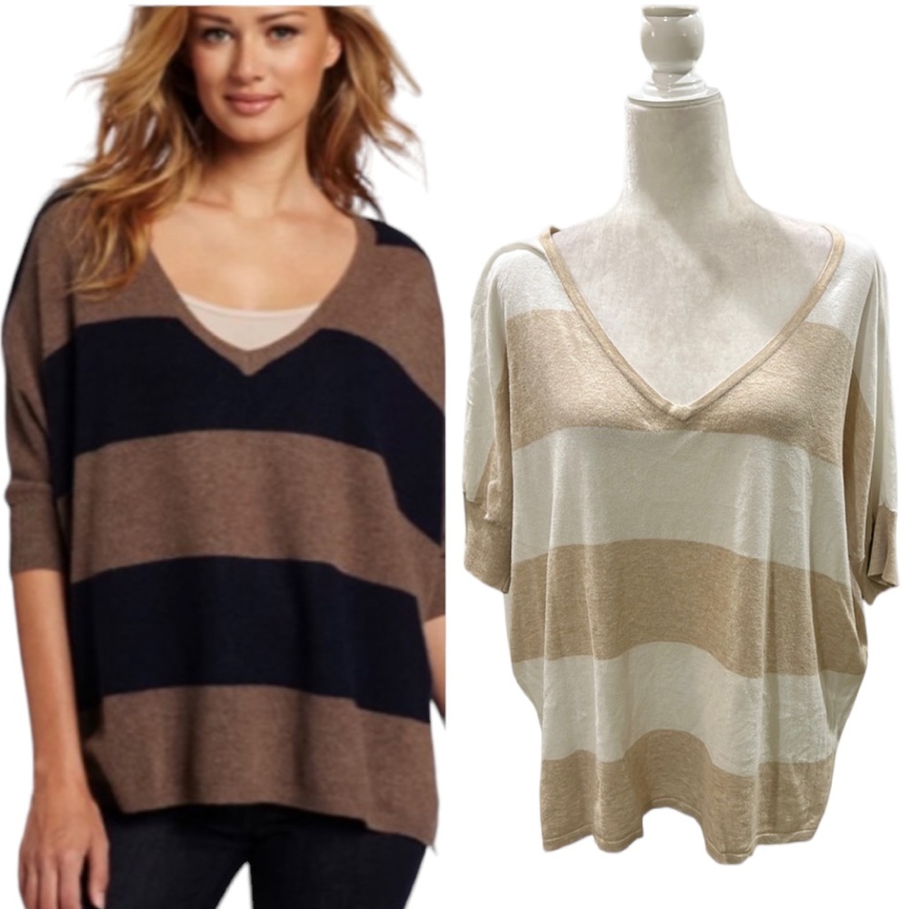 Minnie Rose Tan & White Striped Powwow Dolman Sleeve Oversized Sweater - M / L